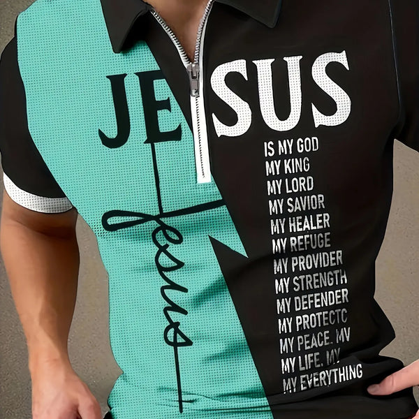 Summer Men Polo Shirt JESUS Print Christian Turn Down Collar Zipper Shirts Oversized Short Sleeve Casual Fashion Tops Streetwear