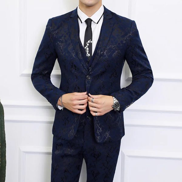 2021 Latest Coat +Vest+Pants / Flowers Design Black Blue Formal Evening Dress Slim Tuxedo Terno Men's Suit Suitable For Wedding