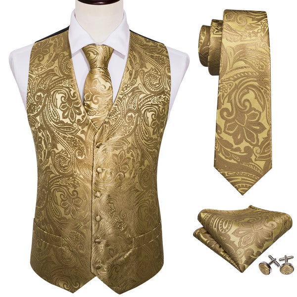 4PC Mens Extra Silk Vest Party Wedding Gold Paisley Black Green Blue Red Solid Waistcoat Vest Tie Suit Set Male Gilet Barry.Wang