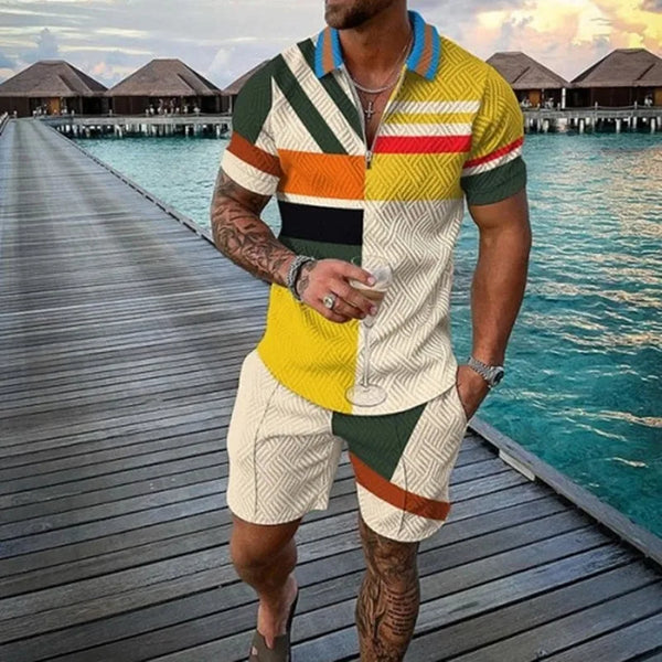 Funny 3D Printed Men's 2 Piece Sets Fashion Polo Shirt+Shorts Outfit Casual Short Sleeve Zipper Shirts Summer Hip Hop Streetwear