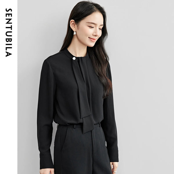 SENTUBILA Chiffon Ribbon Blouse for Women 2025 Spring Loose Solid Stand Collar Elegant Shirts Commute Basic Tops 151V57948