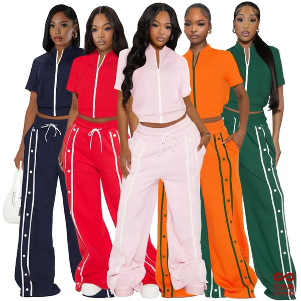A Two-piece Set of European and American Women's Sports Straps, Buckles, Loose Pockets, Wide-leg Pants with Zippers
