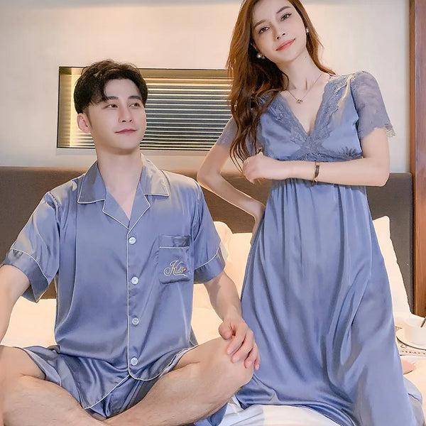 Satin Silk Homewear for Couples Summer Men's Short Sleeves Shorts Pijamas Set Women Sexy Lace Nightdress V Neck Loungewear Pjs