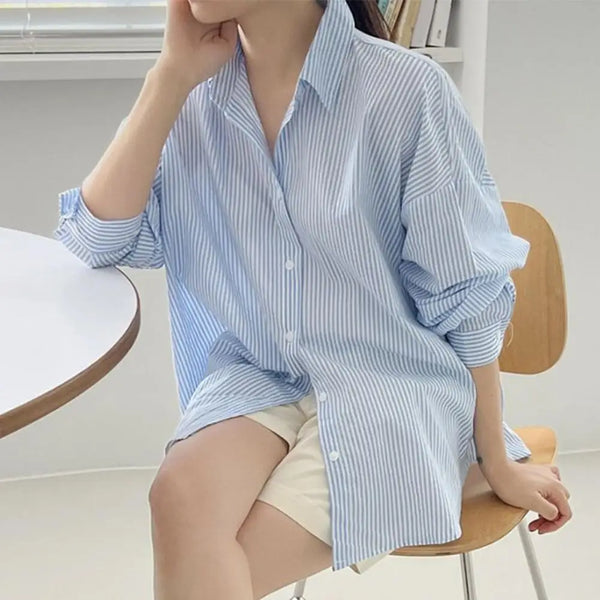 Women Thin Long Sleeve Shirt Loose Fit Women's Shirt Lapel Long Sleeve Striped Print Soft Stretchy Material for Work