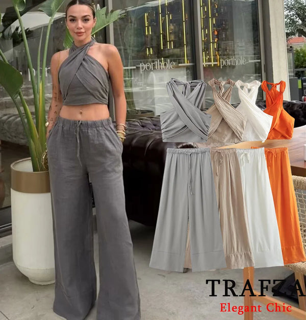 TRAFZA Sexy Casual Crossover Camisole Top Set Women New 2025 Spring Summer Fasion Holiday Beach Pant Set Halter Top with Pant