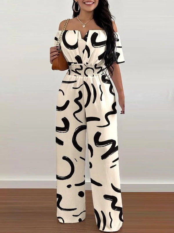 Lady Print High Waist Jumpsuit Sexy Off Shoulder Short Sleeve Wide Leg Pants Jumpsuits Women Fashion Casual Summer Women Clothes