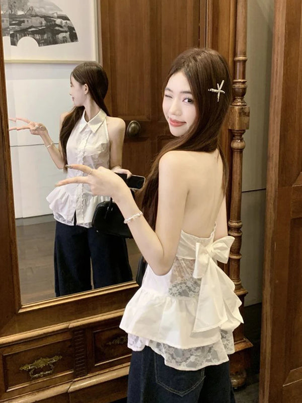 Zoki Sexy Backless Bow Shirt Women Sweet Lace Patchwork Slim White Blouse French Vintage Elegant Lady Summer Hollow Out Tops New