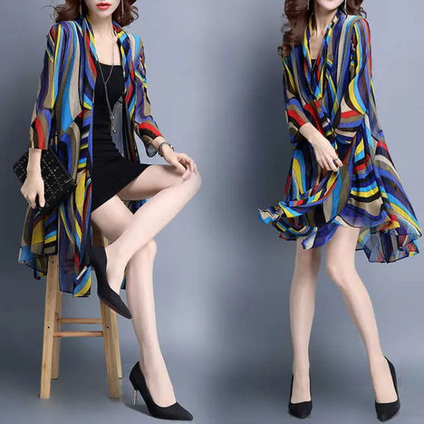 Summer Contrasting Colors Open Stitch Blouse Asymmetrical Printed Women's Clothing Loose Casual Stylish Irregular Hem Midi Shirt