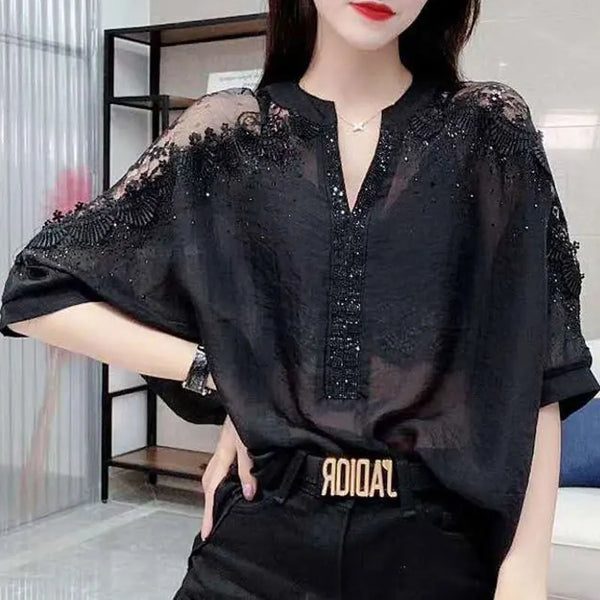 Elegant Sexy Lace Off Shoulder Blouse Female Clothing Chic Diamonds V-Neck Summer Gauze Spliced Half Sleeve Casual Loose Shirt