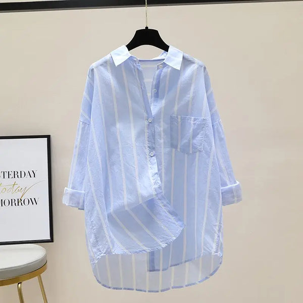 Pure Cotton Long-sleeved Striped Women's Spring and Summer Thin Korean Style Fashion Cardigan Shirt Women