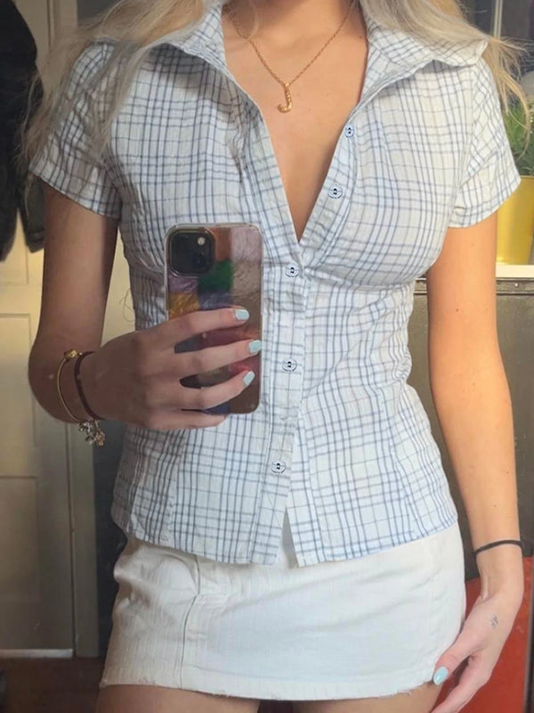 Fashion Sweet Plaid Slim Women Causal Shirts Cute All-Match Summer Trendy New Chic Blouses