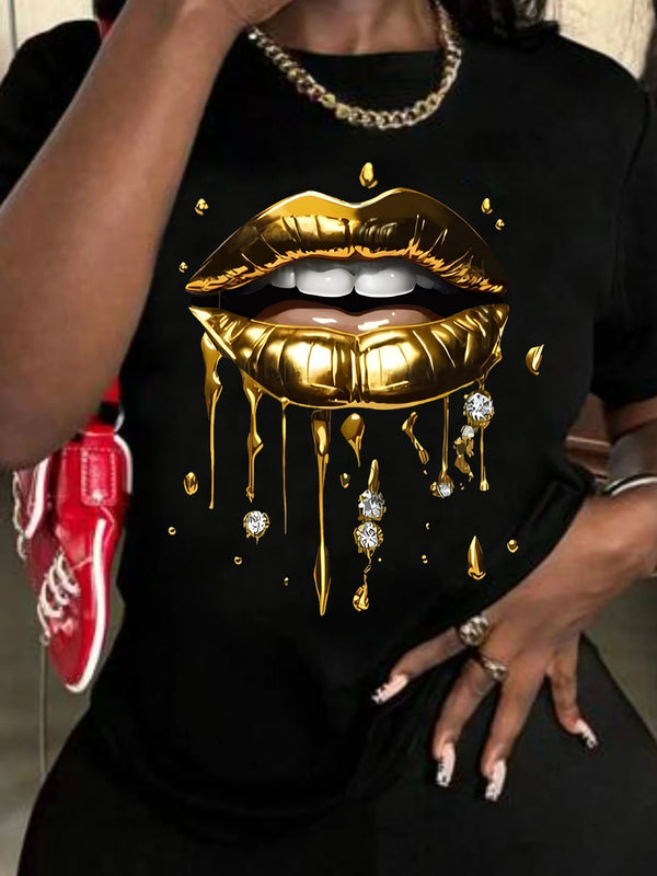 Golden Lips Pattern Print T-Shirt Fashion Top   Women Summer Women's T-Shirt