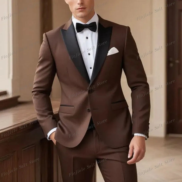 Black Lapel Dark Brown Business Men Suit Wedding Party Prom Groom Groomsman Formal Occasions Tuxedos 2 Piece Set Blazer Pants