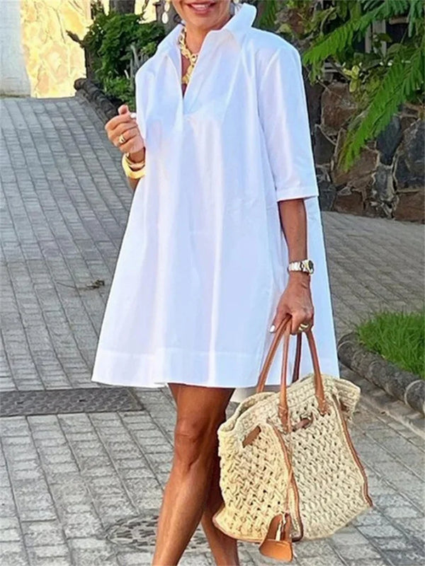 Urban Female Fashion Solid Color Lapel Mini Dresses  New Summer Half Sleeves Loose Casual Office Commute White Dress