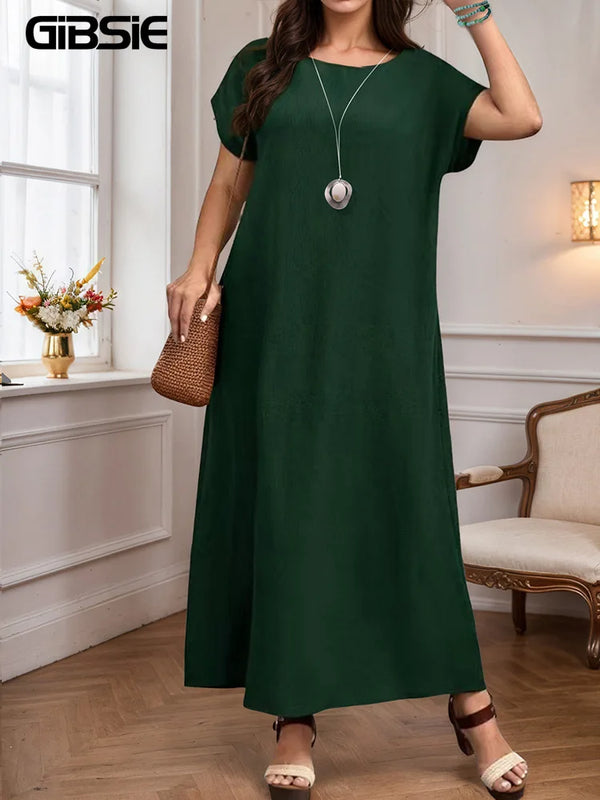 GIBSIE Plus Size Women's Round Neck Elegant Long Dress Summer Short Sleeved Fashion Loose Female Solid Casual Maxi Dresses 2025