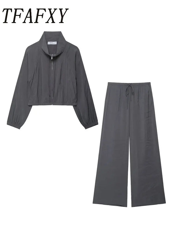 TFAFXY Women's Casual Sporty Chic Solid Set Cropped Zip-Up Jacket Wide-Leg Long Pants  Fashion  Activewear Sets