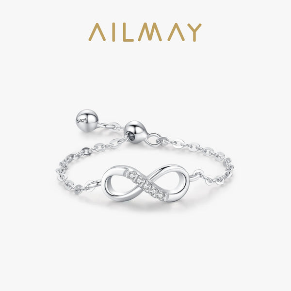 Ailmay 100% Solid 925 Sterling Silver Charm Infinite love Clear Zirconia Chain Link Finger Ring For Women Statement Jewelry Gift