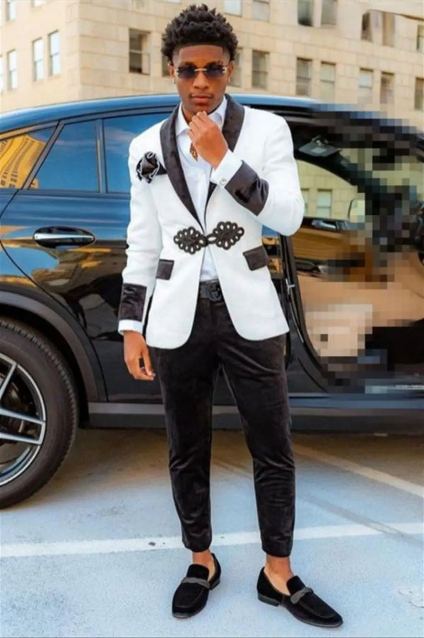 Black&White Jaquard Suits for Men 2 Pieces Slim Fit Young Man Prom Party Suit Velvet Wedding Tuxedos Trajes De Hombre Coat+Pant