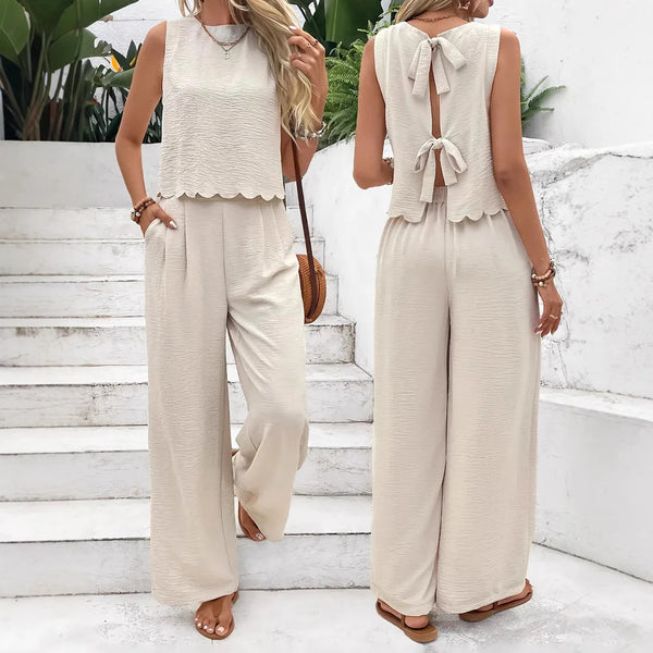 Summer Women 2 Pieces Outfits Contrast Lace UP Hollow V-Neck Tank Top Blouses & High Waist Wide Leg Pants Set For Women