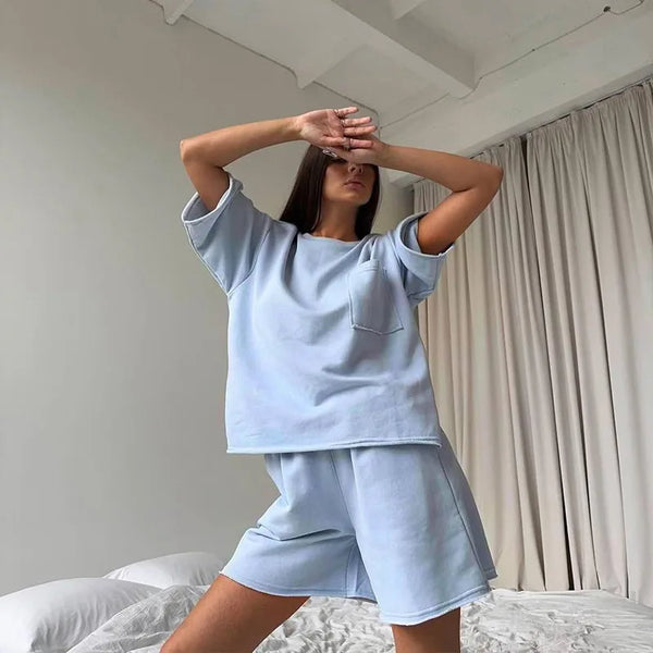 DriftWear Women's Casual Summer Set Crewneck T-Shirt Elastic Waist Shorts 2PCS Breathable Loungewear Relaxed Fit Sporty Co-ords