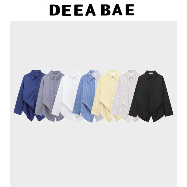 DEEABAE Autumn Women's Clothes Loose Casual Simple Striped Lapel Bat Sleeve Cotton Poplin Shirt