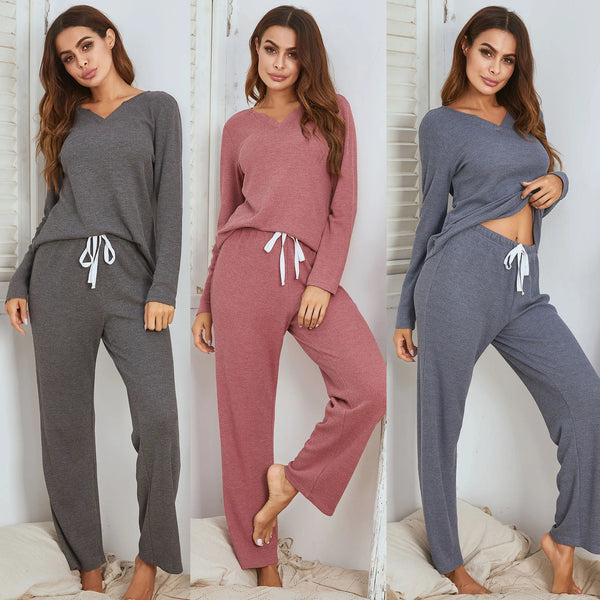 2024 New Autumn and Winter European and American Women's Loungewear Set Waffle Long-sleeved Trousers Home Pajamas Set