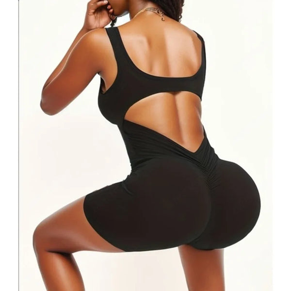 Women Sexy Hollow Out Bodysuit Seamless Square Neck Backless Bodysuit Fitness Yoga Trainning High Elastic Sports Short Bodysuit
