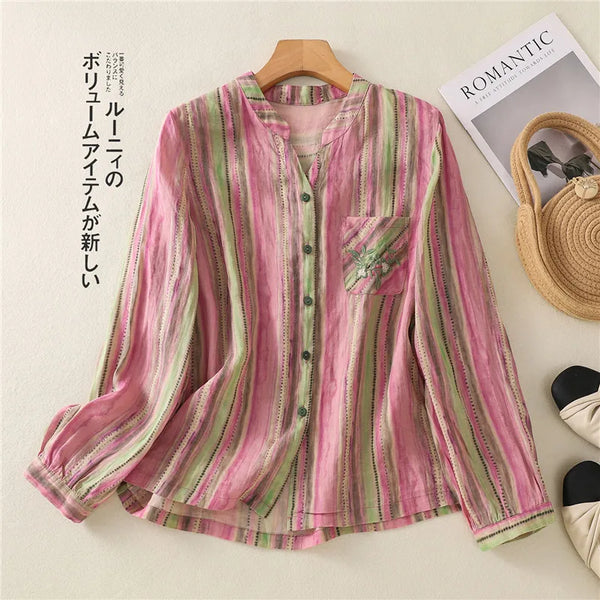 Limiguyue Fashion Long Sleeve Striped Blouse Spring Pocket Embroidery Shirts Women Versatile Loose Linen Cardigan Vintage F834