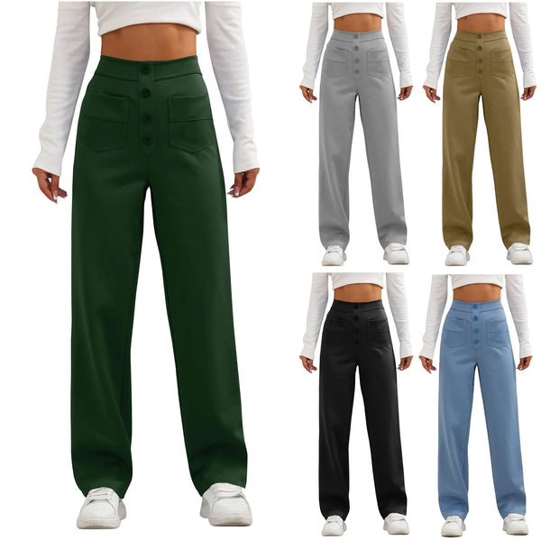 Women's Casual Straight Leg Pants With High Waist Button Elastic Business Work Pants With Multiple Pockets