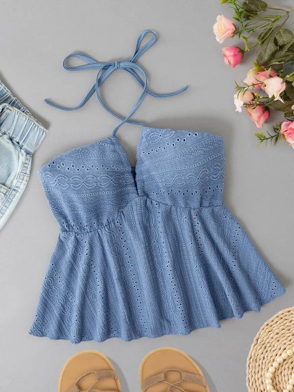 Ladies Fashion Casual Hollow Knitted Jacquard Halter Sleeveless Summer New Style Tops
