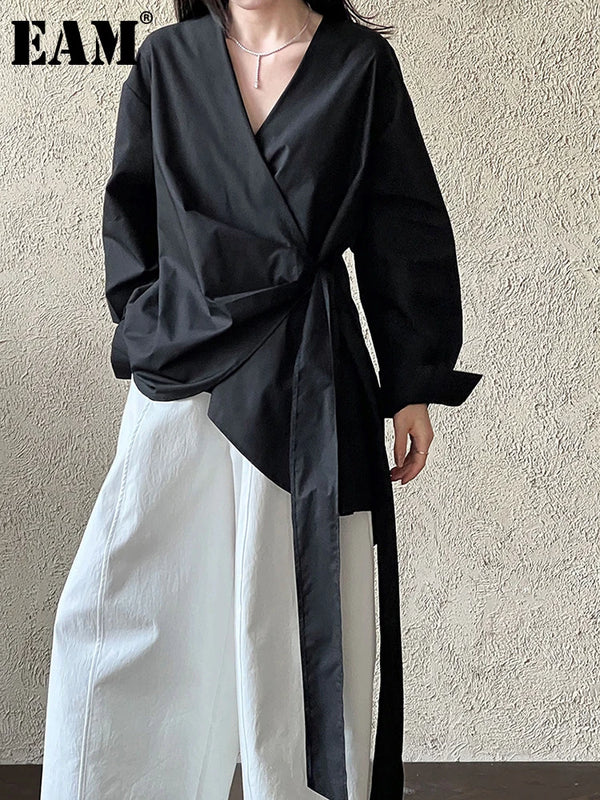 [EAM] Women Black Bandage Elegant Irregular Big Size Blouse New V-neck Long Sleeve Shirt Fashion Tide Spring Autumn 2025 1DJ0509