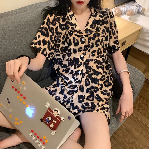 Women's Sleepwear Loungewear Set Short-Sleeved Shorts Pajamas Homewear Cardigan Lapel Leopard Print Sweet Cartoon Nightwear