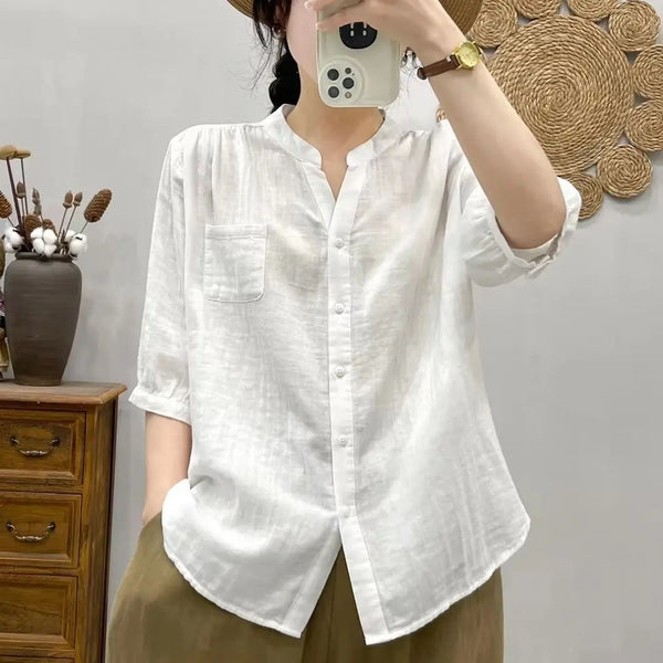 Summer New Solid Color Simple Thin Shirt for Women Loose Slim V-neck Fashionable Versatile Mid-sleeved Cardigan