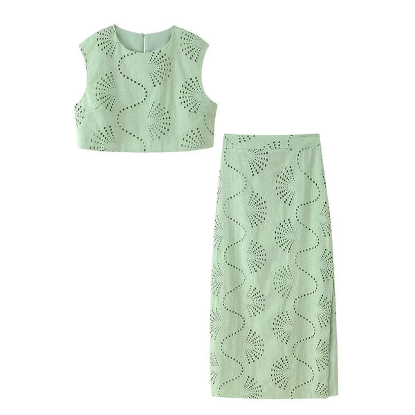 New summer French style summer wear high-end heavy industry hollow embroidered top high waist skirt suit