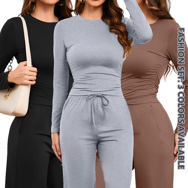 Womens 2 Piece Lounge Sets Ruched Long Sleeve Tops and High Waisted Wide Leg Pants Pajama Set Loungewear Spring Autumn Clothing