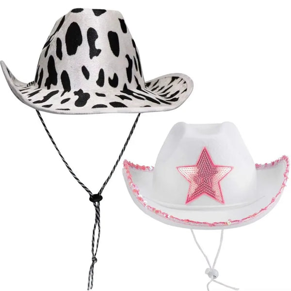 כובע קאובויPink Star White Cowgirl Hat Sequin Trim Fringe Cow Girl Hat Adjustable Woman Straw Hats for Women Western Partyקאובוי