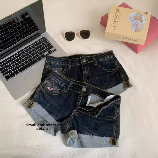 Trendy Vintage Denim Shorts Women's Low Waist Slimming Straight-leg Versatile Summer New Arrival Flared Edge Shorts