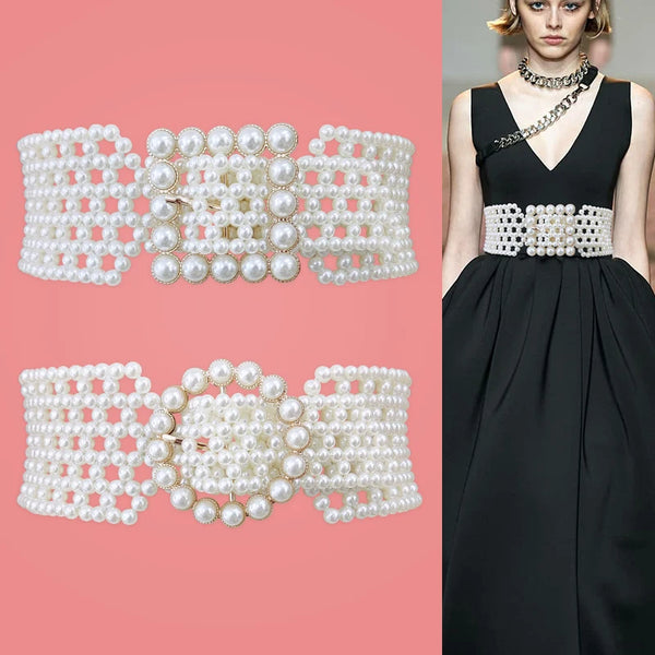 Elastic White Pearl Corset Belt Female Waist Designer Belts For Women High Quality Luxury Dress Stretch Cummerbunds Y2K