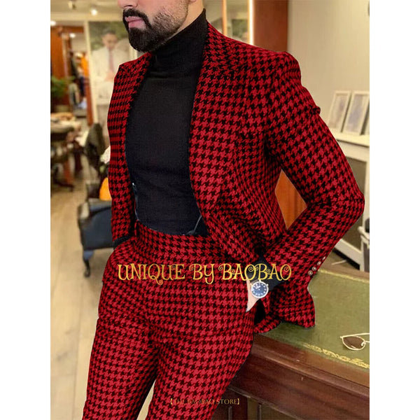 Red Men's Suits Tweed Houndstooth Plaid Check Wedding tuxedo 2 Piece Set Jacket & Pants Fashion Business Formal Tailored Fit