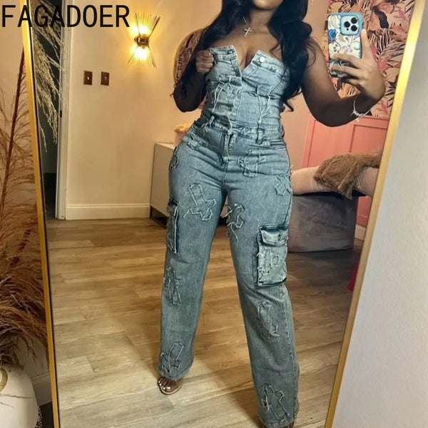 FAGADOER Embroidery Cargo Pockets Fashion Denim Jumpsuits for Women Strapless Sleeveless INS New Bodycon Jean One Piece Jumpsuit