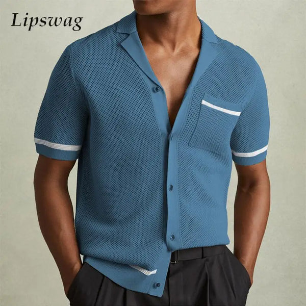 Vintage Mens Striped Shirts Knitting Hollow Out Short Sleeve Lapel Buttoned Cardigan Tops Men Summer Fashion Pocket Knit Shirt