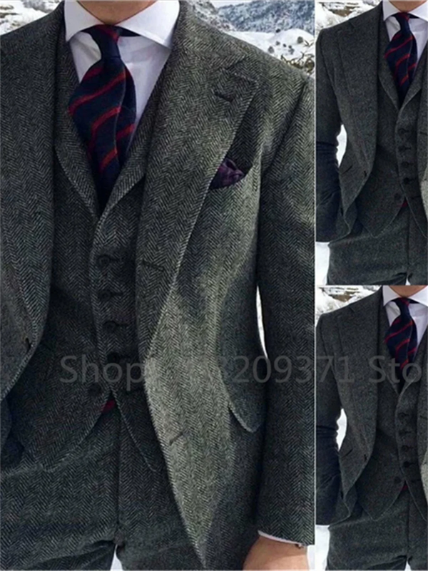 3 Piece Gray Herringbone Winter Suit for Men Wool Tweed Slim Fit Formal Groom Wedding Tuxedo Sets Business Wedding Male Suits