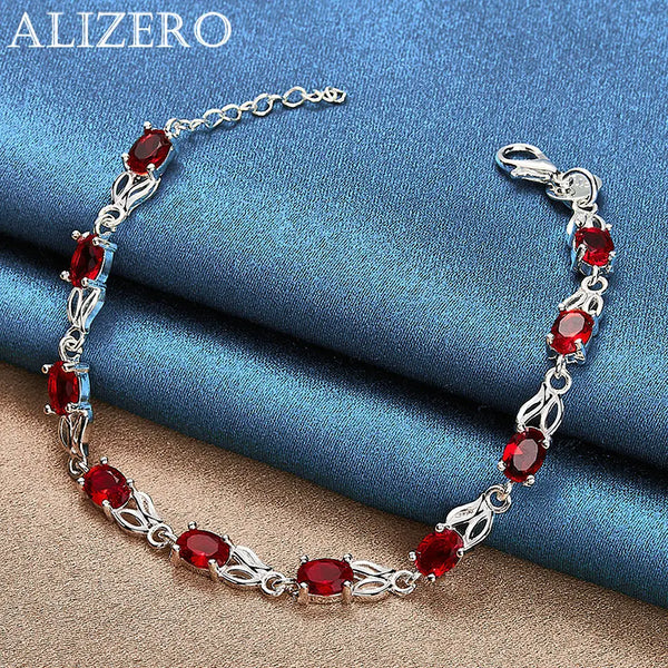 ALIZERO 925 Sterling Silver Bracelet Red Crystal Zircon Bracelets For Women Fashion Wedding Party Jewelry Gifts