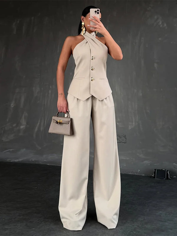 Women Halter Vests Two Piece Outfits Single Breasted Sleeveless Slim Top High Waist Wide Leg Pants Chic Casual Lady Office Set