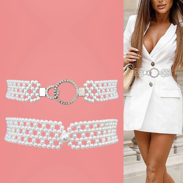Elastic White Pearl Corset Belt Female Waist Designer Belts For Women High Quality Luxury Dress Stretch Cummerbunds Y2K