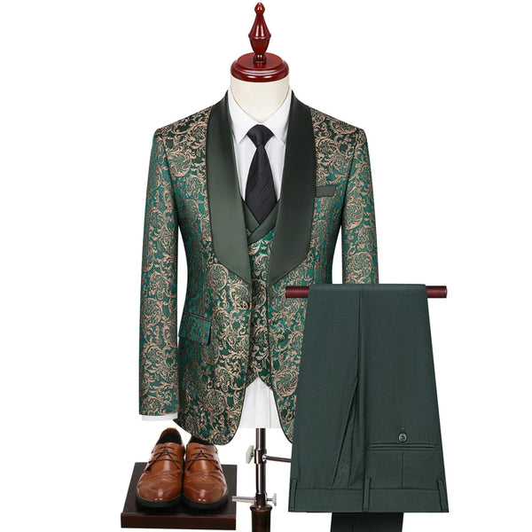 Men Suit 3 Pieces Green Printed Striped Pattern With Lapel For Wedding Banquet Work Business Tuxedo Set Jacket Vest With Pants
