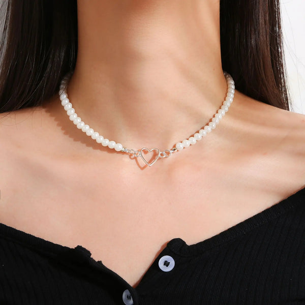 French Vintage Pearl Chain Necklace For Women Fashion Silver Color Lover Heart Choker Simple Women Collar Ladies Jewelry Gift