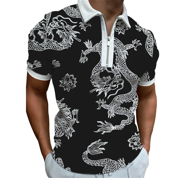 Summer new men's casual short sleeve zipper POLO shirt men's fashion printing lapel POLO shirt T-shirt