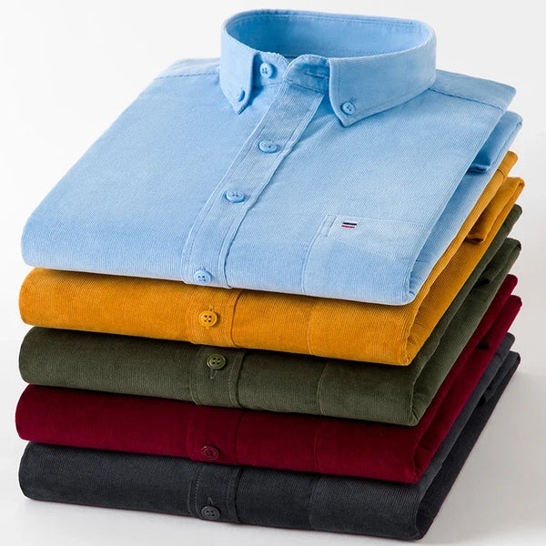 2023 Cotton Corduroy Autumn Winter Long Sleeve Regular Fit Mens Casual Shirt Warm Solid Men's Shirts With Pokets