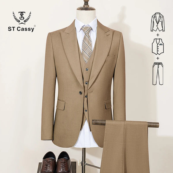 ST Cassy High Quality Men's Suit Summer thin breathable Slim Fit Formal Business Office Men's Suits（jacket+Vest+Pants）